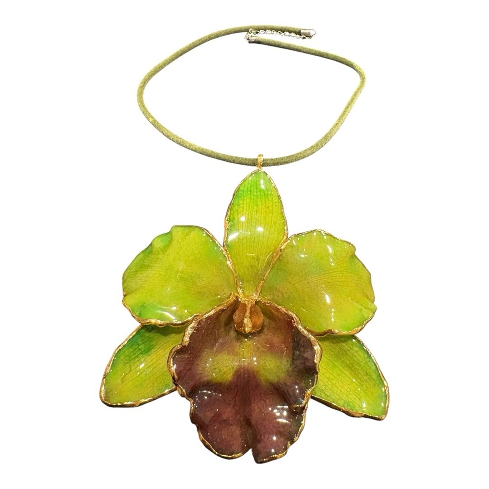 Handmade Orchid Flower Pendant Necklace Green Purple Enamel Gold Trim JB9